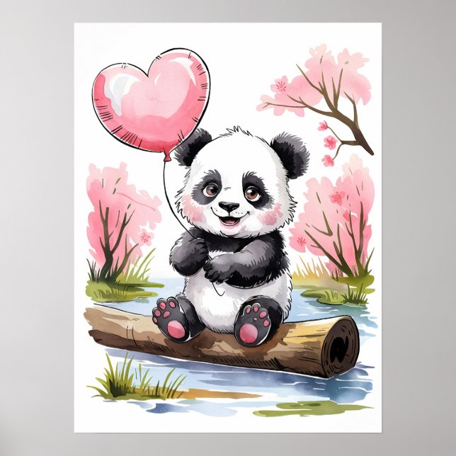 Niedlich Baby Panda mit Herzballon - Wasserfarbe Poster (Vorne)