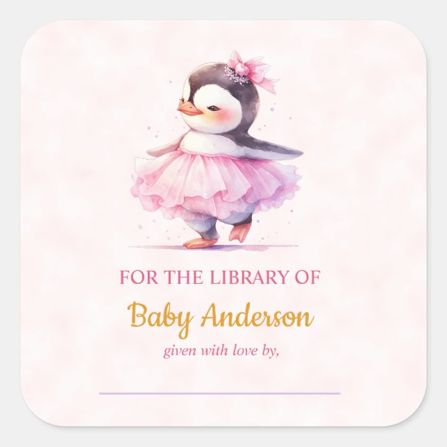 Niedlich Baby Penguin Ballerina Baby Dusche Buchze Quadratischer Aufkleber (Vorderseite)