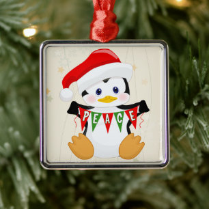 Niedlich Baby Penguin Holding Peace Banner Ornament Aus Metall