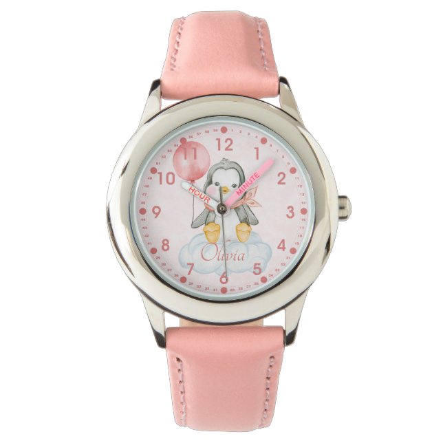 Niedlich Baby Penguin Pink Personalisiert Armbanduhr (Vorderseite)