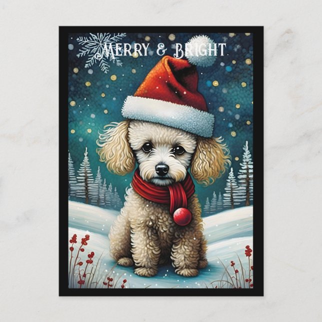 Niedlich Baby Poodle Snowy Meadow Santa Dog Weihna Postkarte (Vorderseite)