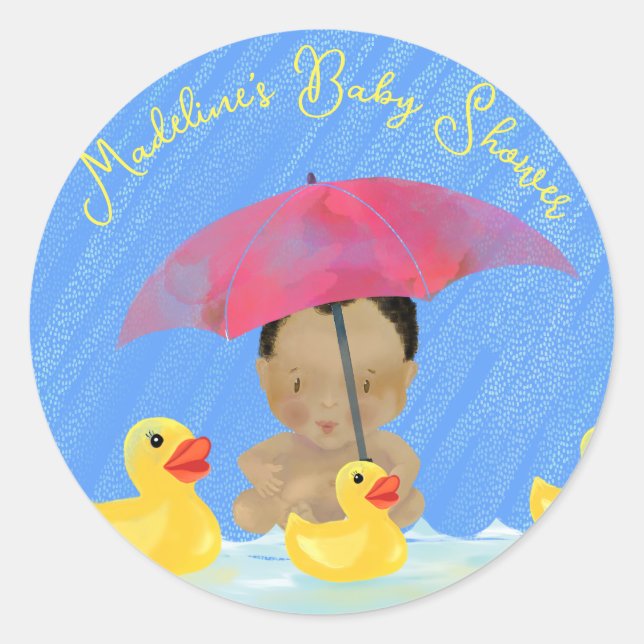 Niedlich Baby Rain Rubber Ducky's Umbrella Baby Sh Runder Aufkleber (Vorderseite)