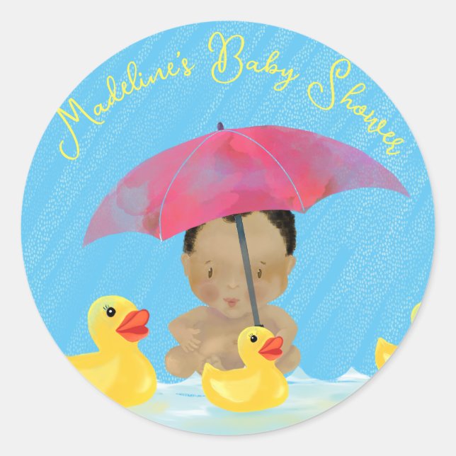 Niedlich Baby Rain Rubber Ducky's Umbrella Baby Sh Runder Aufkleber (Vorderseite)