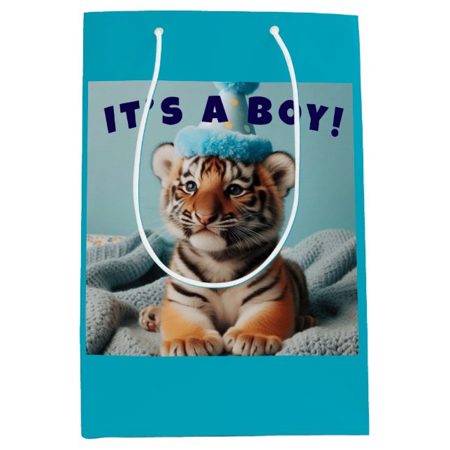 Niedlich Baby Reveal Boy Blue Baby Tiger Mittlere Geschenktüte (Vorderseite)