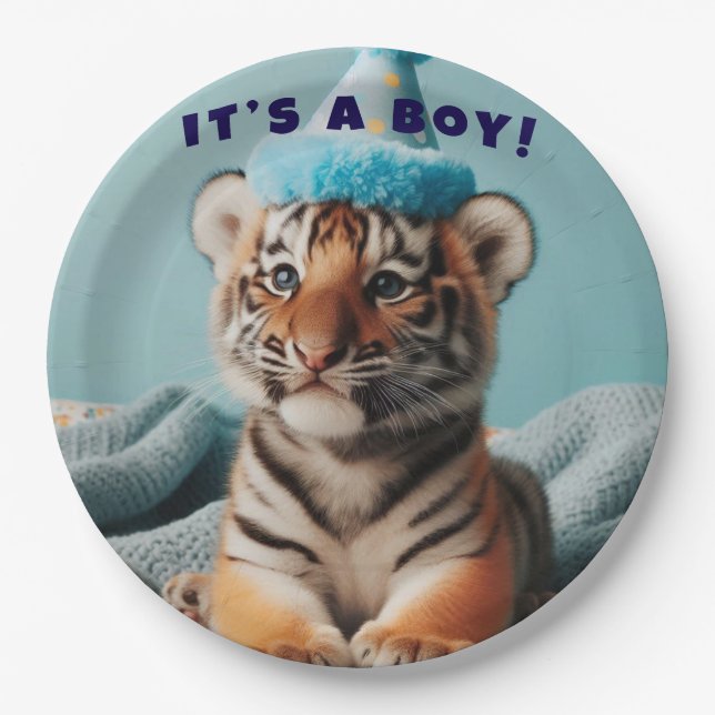Niedlich Baby Reveal Boy Blue Baby Tiger Pappteller (Vorderseite)