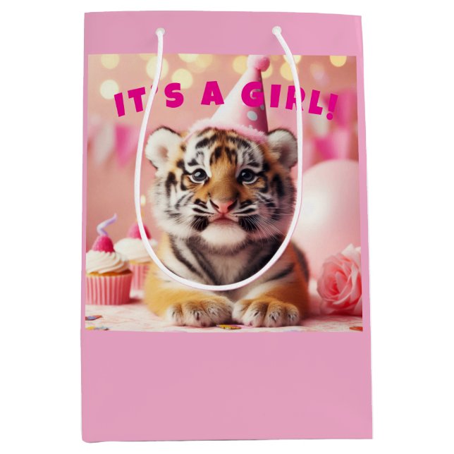Niedlich Baby Reveal Girl Pink Baby Tiger Mittlere Geschenktüte (Vorderseite)