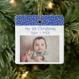Niedlich Baby`s 1`Christmas Blue Stars Foto Baby Keramikornament