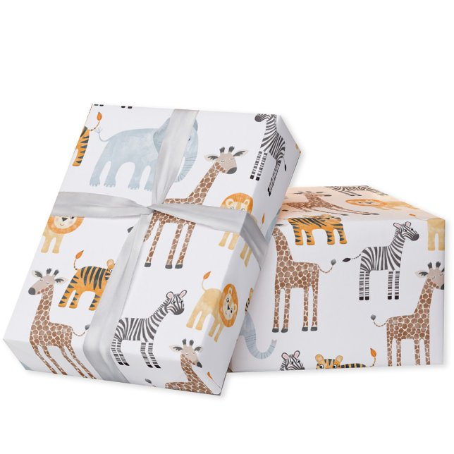 Niedlich Baby Safari Tierfarbmuster Geschenkpapier (Cute watercolor Safari Animals baby lion, giraffe  & elephant gift wrapping paper roll)