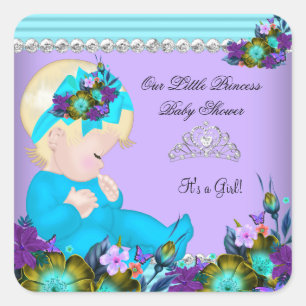 Niedlich Baby Shower Girl Aquamarin Blue Lila Blon Quadratischer Aufkleber