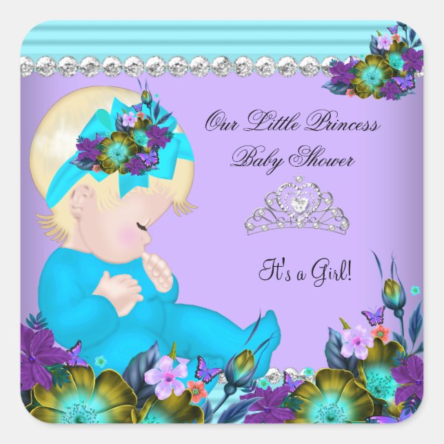 Niedlich Baby Shower Girl Aquamarin Blue Lila Blon Quadratischer Aufkleber (Vorderseite)