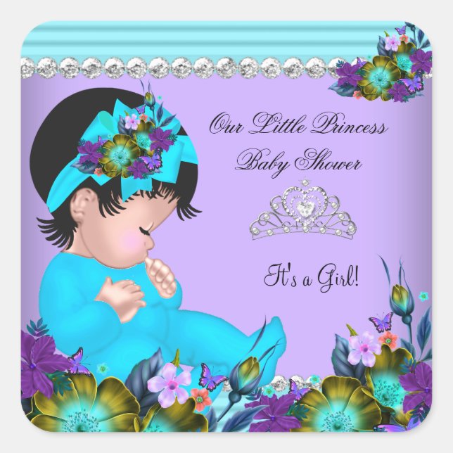 Niedlich Baby Shower Girl Aquamarin Blue Lila Quadratischer Aufkleber (Vorderseite)