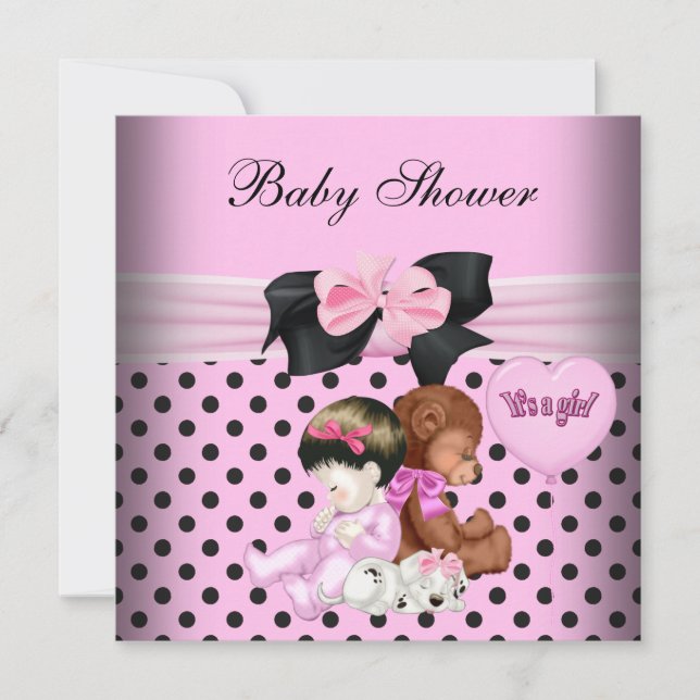 Niedlich Baby Shower Girl Baby Pink Black Polka Do Einladung (Vorderseite)