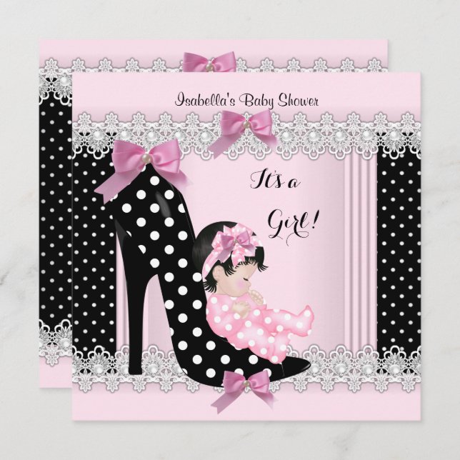 Niedlich Baby Shower Girl Pink Polka Dots High Hee Einladung (Vorne/Hinten)