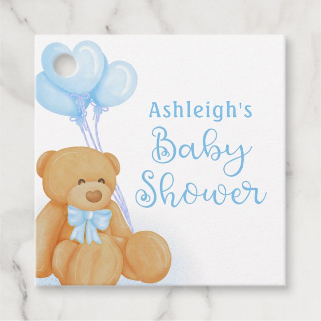 Niedlich Baby Shower Teddy Bear Blue Heart Balloon Geschenkanhänger (Vorderseite)