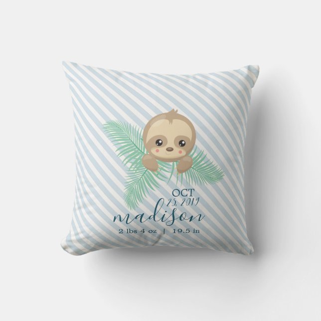 Niedlich Baby Sloth Baby Birth Stats Throw Kissen (Vorderseite)