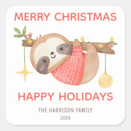 Niedlich Baby Sloth Happy Holidays Weihnachten Quadratischer Aufkleber