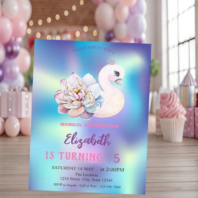 Niedlich Baby Swan Blume Blue Holographic Birthday Einladung (Von Creator hochgeladen)