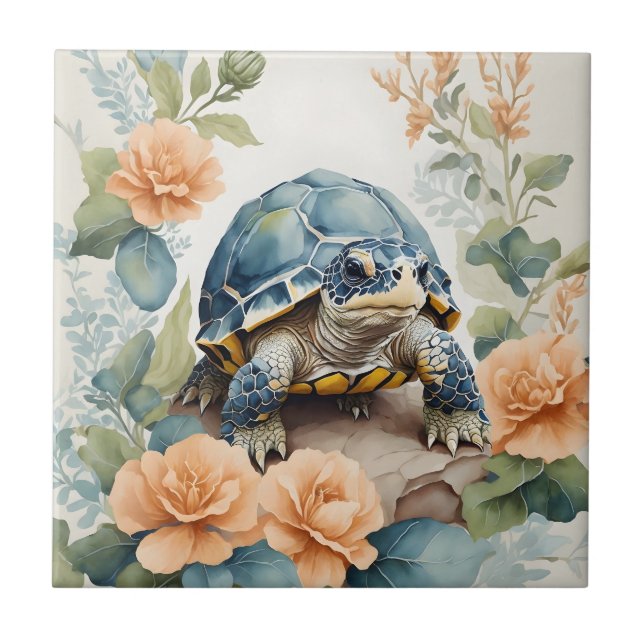 Niedlich Baby Tortoise Pastor Floral Wasserfarbe Fliese (Vorderseite)