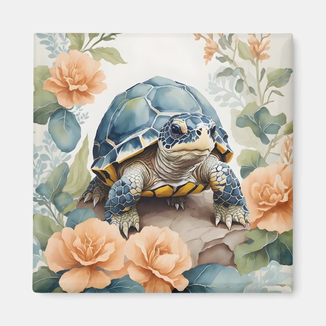 Niedlich Baby Tortoise Pastor Floral Wasserfarbe Magnet (Vorne)