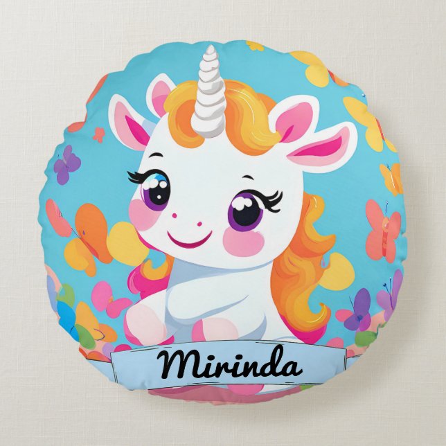 Niedlich Baby Unicorn Butterfly Individuelle Name Rundes Kissen (Vorderseite)