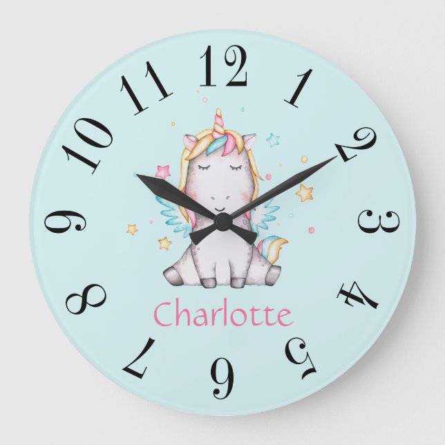 Niedlich Baby Unicorn Personalisiert große Aquamar Große Wanduhr (Vorderseite)