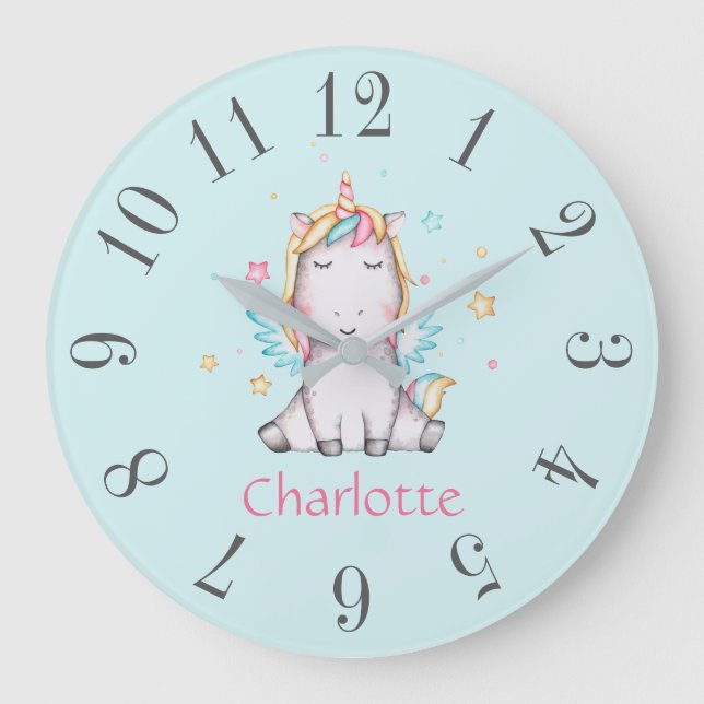 Niedlich Baby Unicorn Soft Aquamarin Personalisier Große Wanduhr (Vorderseite)