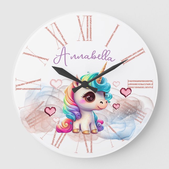 Niedlich Baby Unicorn und Herz Große Wanduhr (Vorderseite)