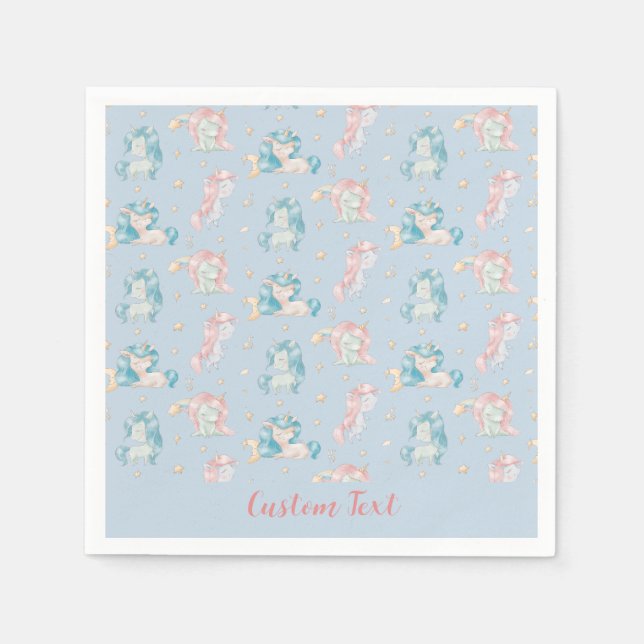 Niedlich Baby Unicorns Blue Pink Personalisiert Serviette (Vorderseite)