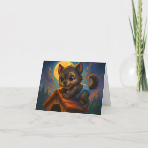 Niedlich Baby Werewolf über Dog House Fantasy Art Dankeskarte