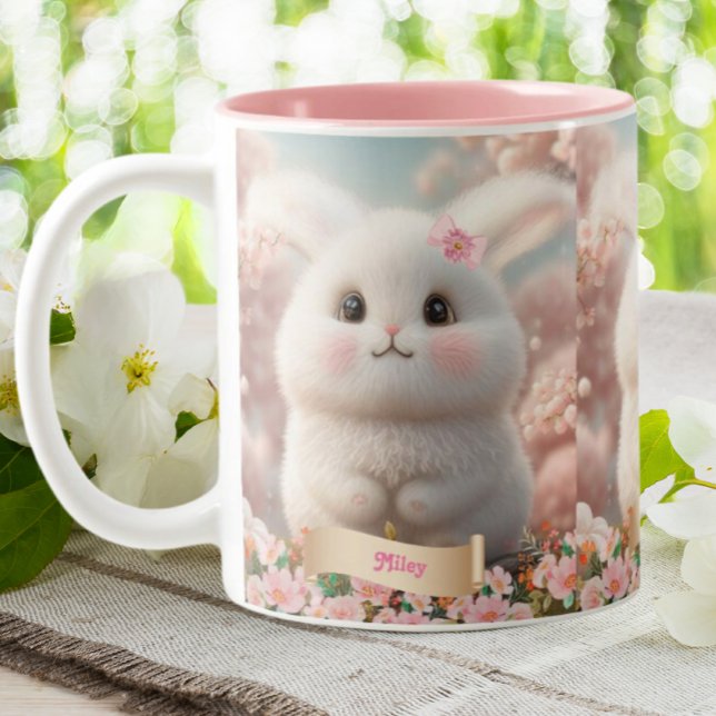 Niedlich Baby White Rabbit Pink Garden Personalisi Zweifarbige Tasse (Von Creator hochgeladen)