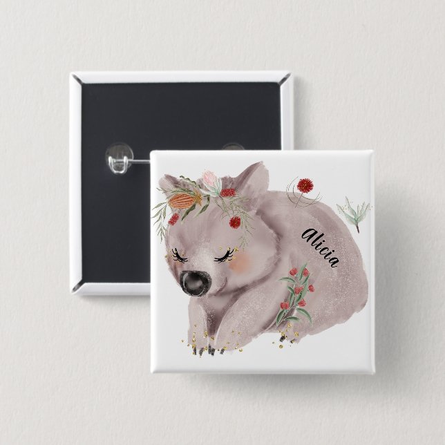 Niedlich Baby Wombat Gold Speckle Individuelle Nam Button (Vorne & Hinten)