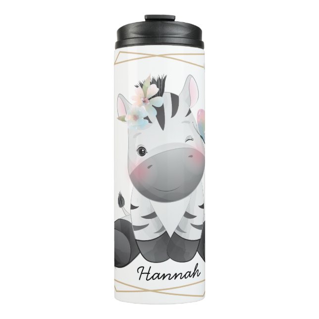 Niedlich Baby Zebra Blume Wreath Individuelle Name Thermosbecher (Vorderseite)