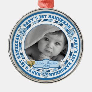 Niedlich Baby's 1. Hanukkah Dreidels Foto Name Ornament Aus Metall