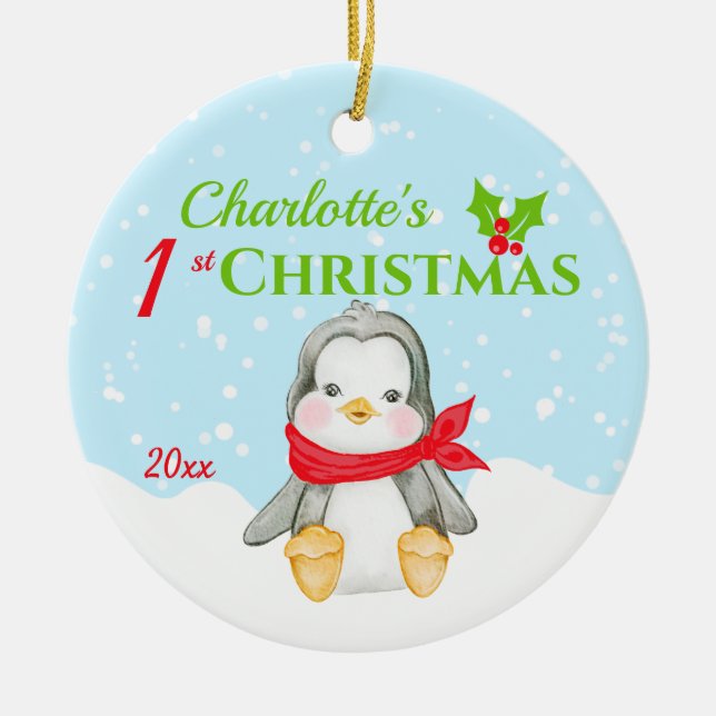 Niedlich Baby's 1. Weihnachts-Penguin-Foto  Keramik Ornament (Vorne)
