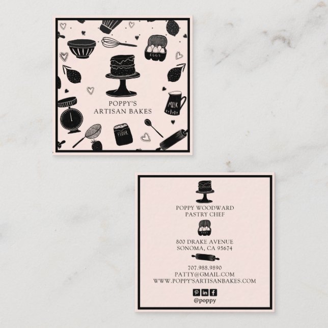 Niedlich Baker Konditorei Koch Backutensien Pink S Quadratische Visitenkarte (Vorne/Hinten)