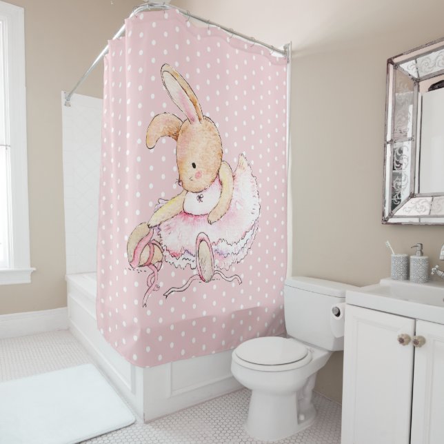 Niedlich Ballerina Bunny Rabbit Pink White Polka D Duschvorhang (Beispiel)