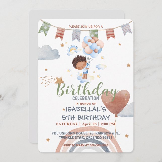 Niedlich Balloon African American Buben Birthday P Einladung (Vorne/Hinten)