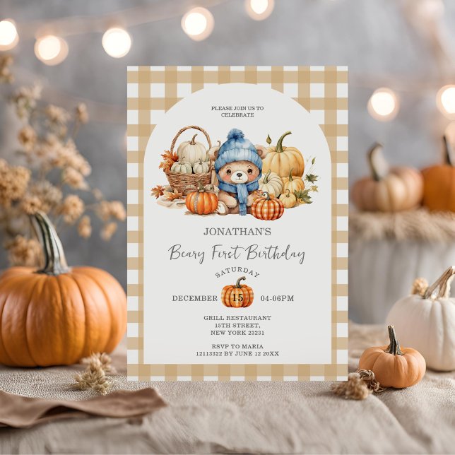 Niedlich Bär Gingham Pumpkin - Beary First Birthda Einladung (Von Creator hochgeladen)