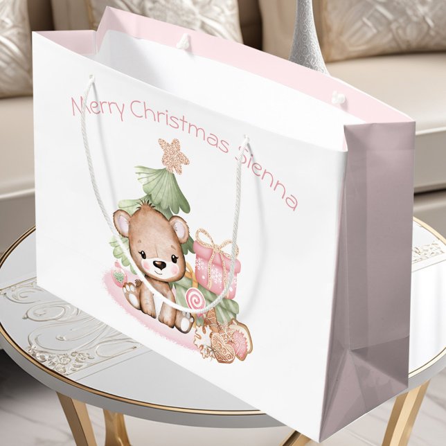 Niedlich Bär Pink Girl Individuelle Name Weihnacht Große Geschenktüte (Cute Bear Pink Girl Custom Name Christmas Large Gift Bag)