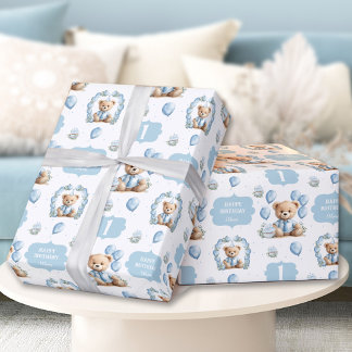 Niedlich Bärenblau 1. Geburtstagsnamenpapier Geschenkpapier