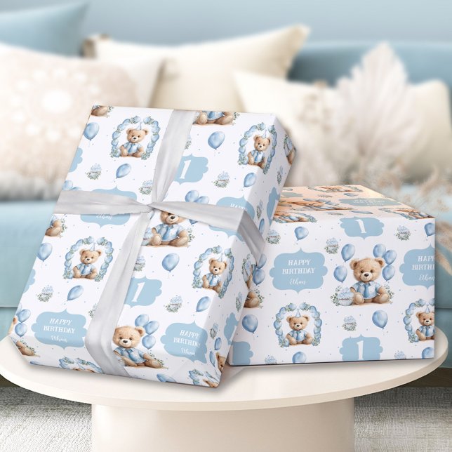 Niedlich Bärenblau 1. Geburtstagsnamenpapier Geschenkpapier (Cute Bear Blue 1st Birthday Name Wrapping Paper)