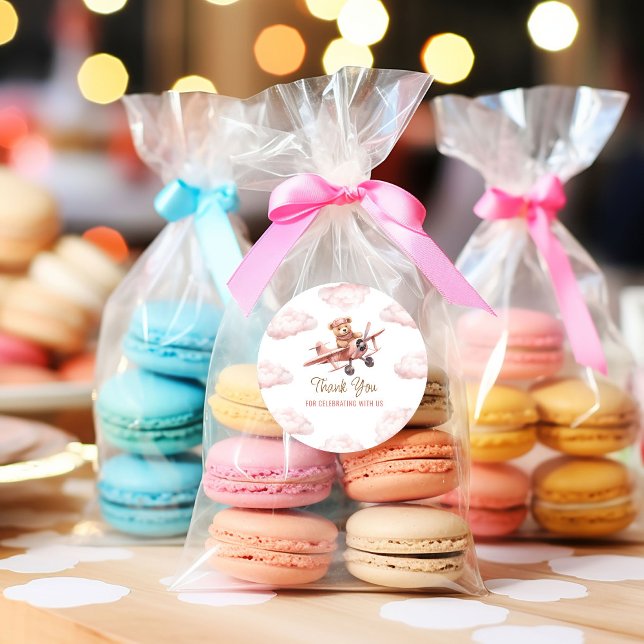 Niedlich Bärenflugzeug Pink Girl Babydusche Vielen Runder Aufkleber (Cute Bear Airplane Pink Girl Baby Shower Thank You Classic Round Sticker)