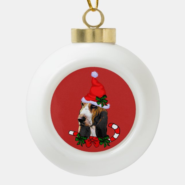 Niedlich Basset Hound Weihnachten Keramik Kugel-Ornament (Vorderseite)