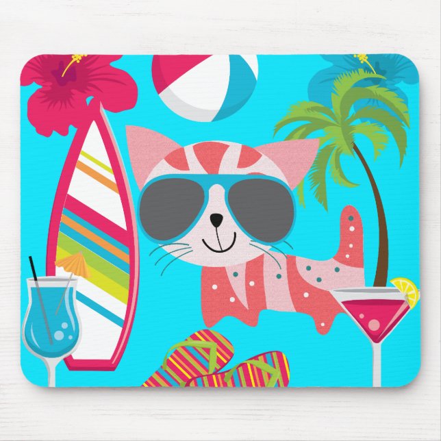 Niedlich Beach Bum Kitty Cat Sonnenbrille Beach Ba Mousepad (Vorne)