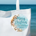 Niedlich Beach Company Christmas Seashell Custom G Runder Aufkleber<br><div class="desc">Ein niedlicher,  individueller Strandaufkleber für eine tropische Inselfirma. Passen Sie diesen hübschen aquamarinen blauen Holz- und Muschelfotografie Weihnachtsgeschenk-Aufkleber mit Ihrem Firmennamen oder anderen beruflichen Küsten-Text an.</div>