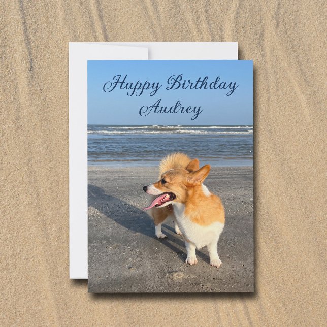 Niedlich Beach Corgi Personalisiert Happy Birthday Karte (Von Creator hochgeladen)