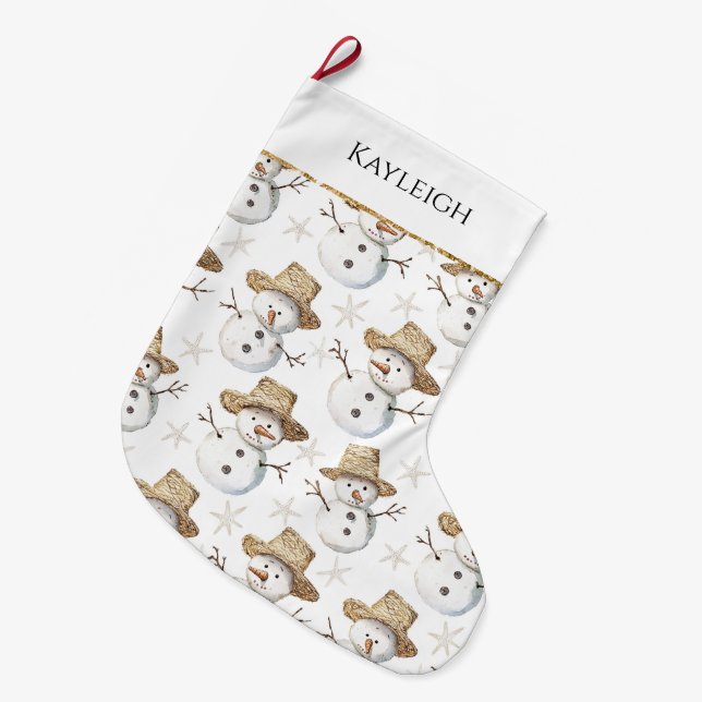 Niedlich Beach Snowman Weihnachten Gold Glitzer Großer Weihnachtsstrumpf (Vorderansicht (hängend))