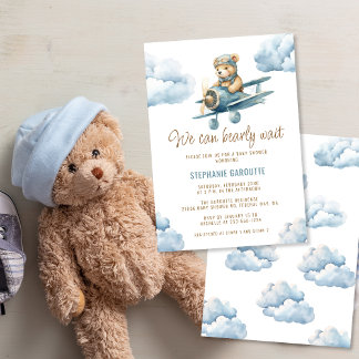 Niedlich Bear Airplane Blue Boy Baby Dusche Einladung