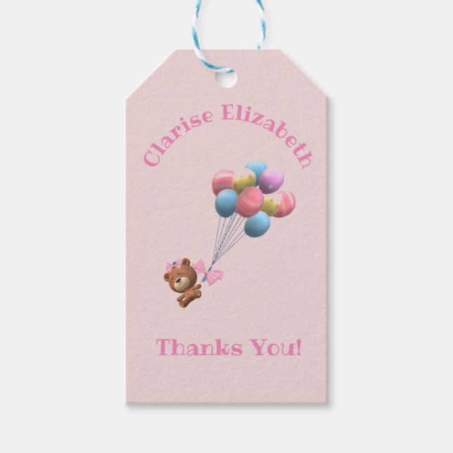 Niedlich Bear and Balloons Babydusche Vielen Dank Geschenkanhänger (Vorderseite)