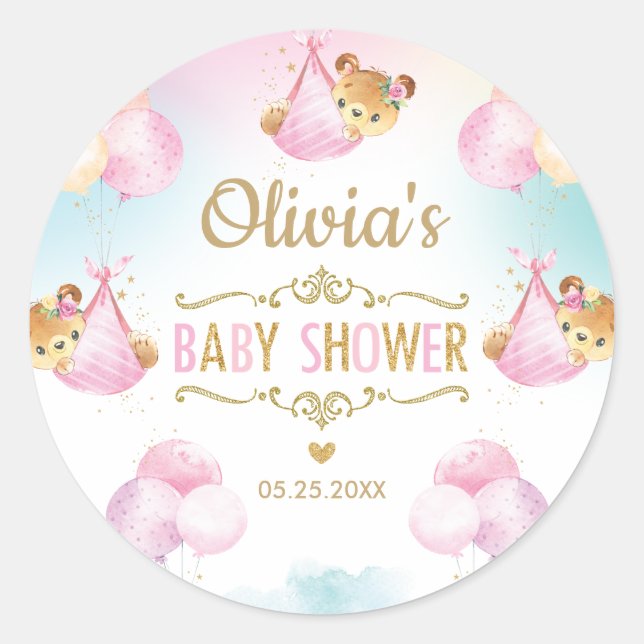 Niedlich Bear Baby Shower Girl Vielen Dank Runder Aufkleber (Vorderseite)